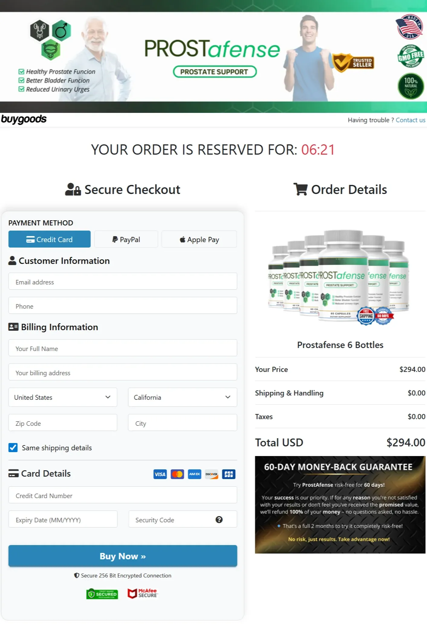 ProstAfense checkout page